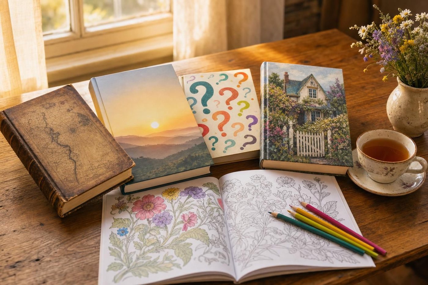 Five kinds of books on a sunlit table