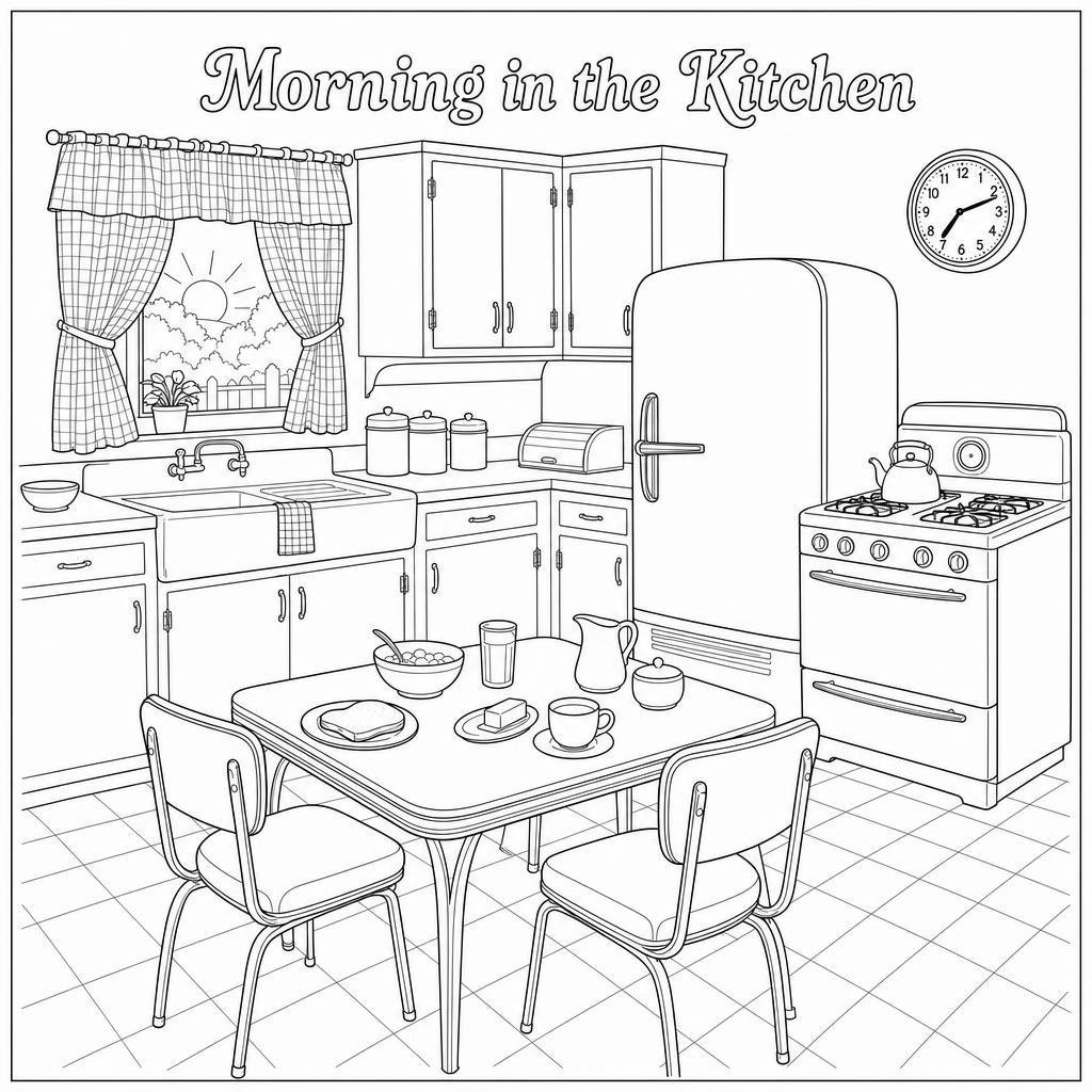 Sample coloring page — Morning in the Kitchen