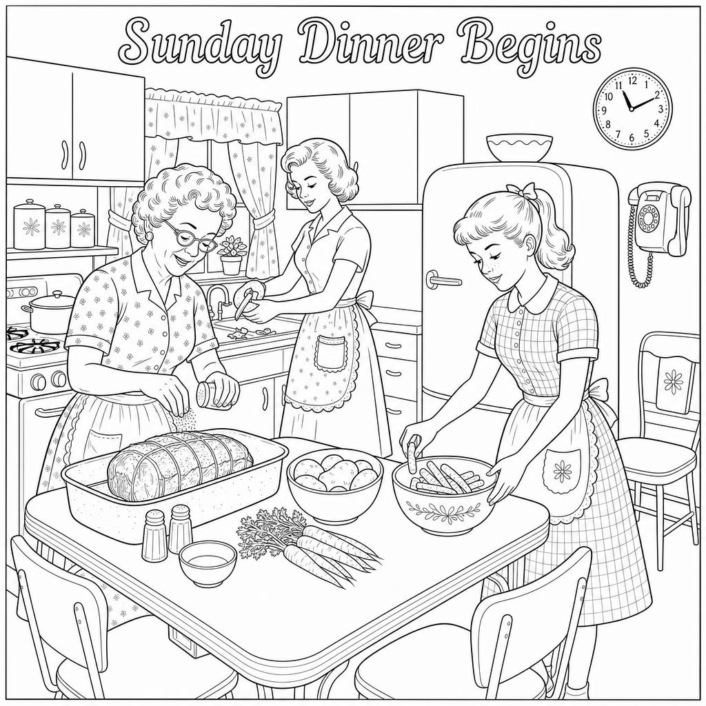 Sample coloring page — Sunday Dinner Begins