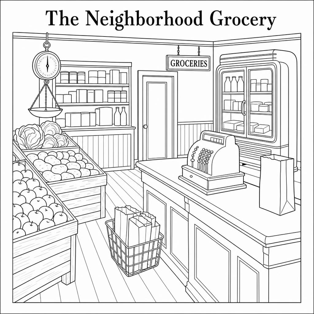 Sample coloring page — The Neighborhood Grocery