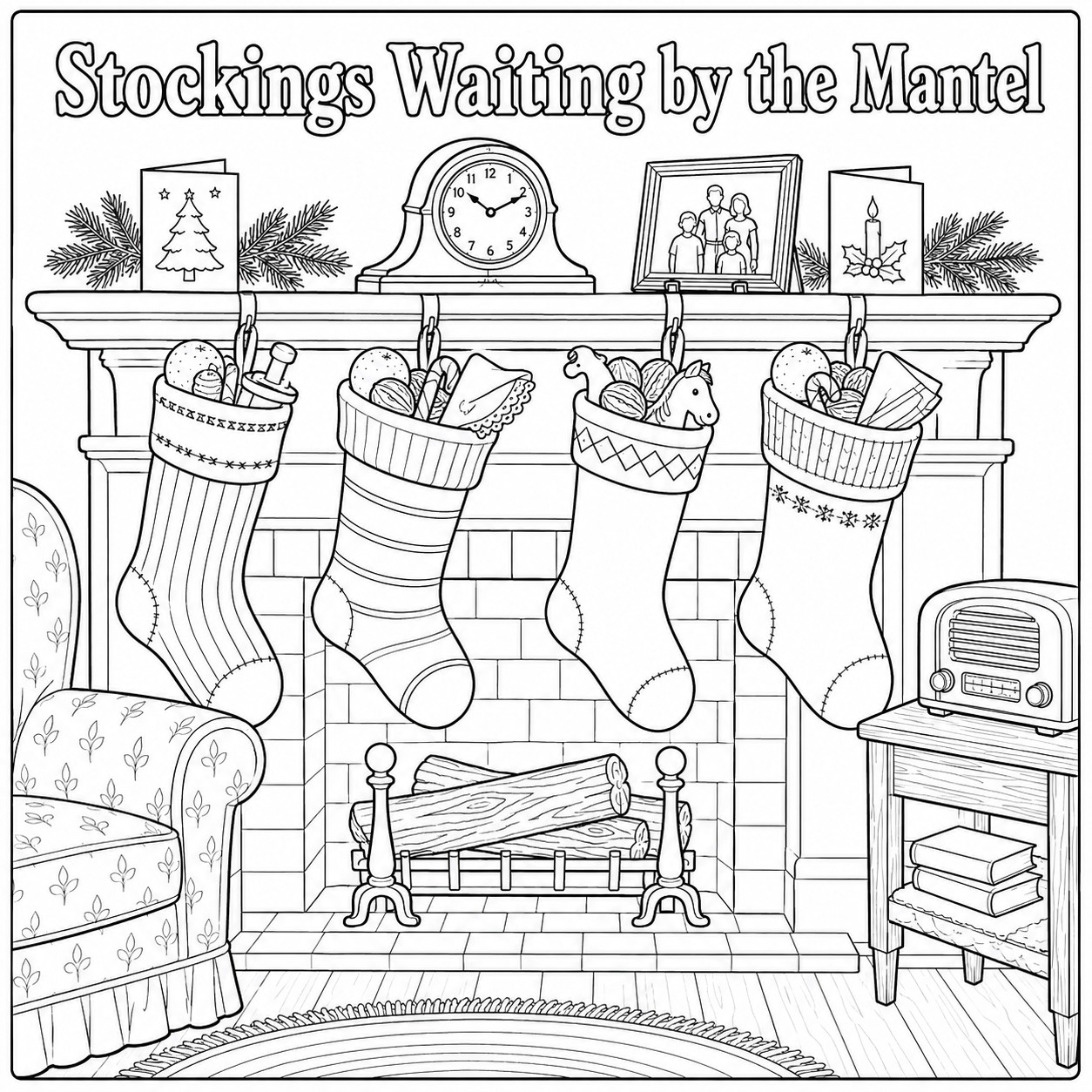 Sample coloring page — Stockings Waiting by the Mantel