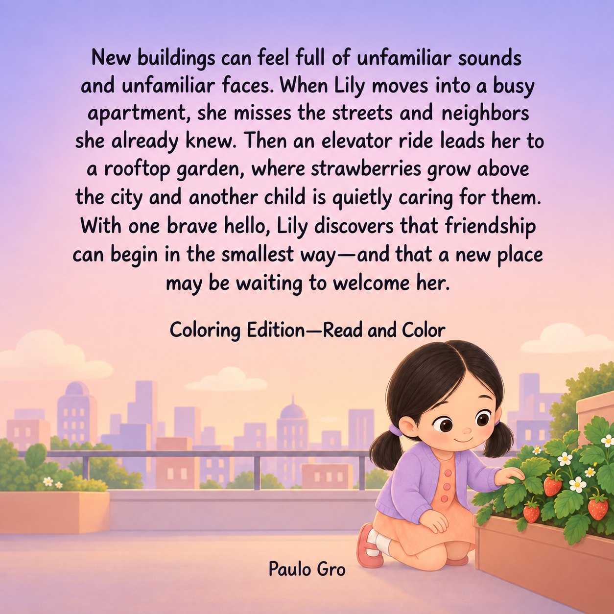 Lily and the Rooftop Strawberries, back cover, coloring edition
