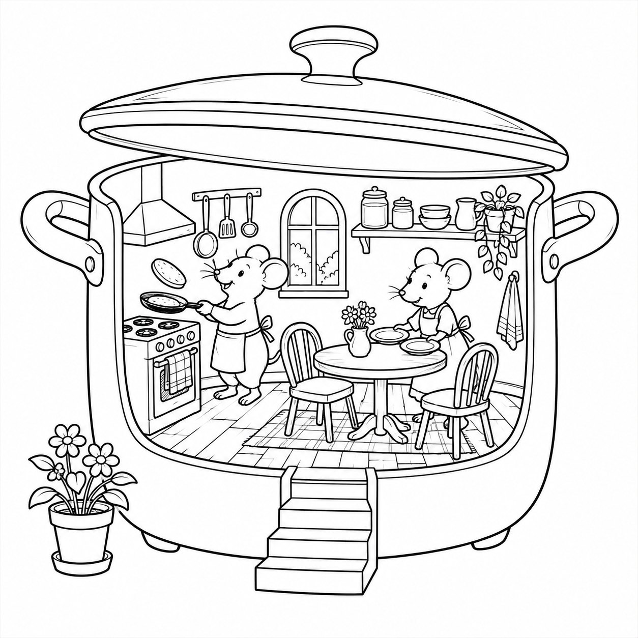 Coloring page — a pancake kitchen inside a stockpot