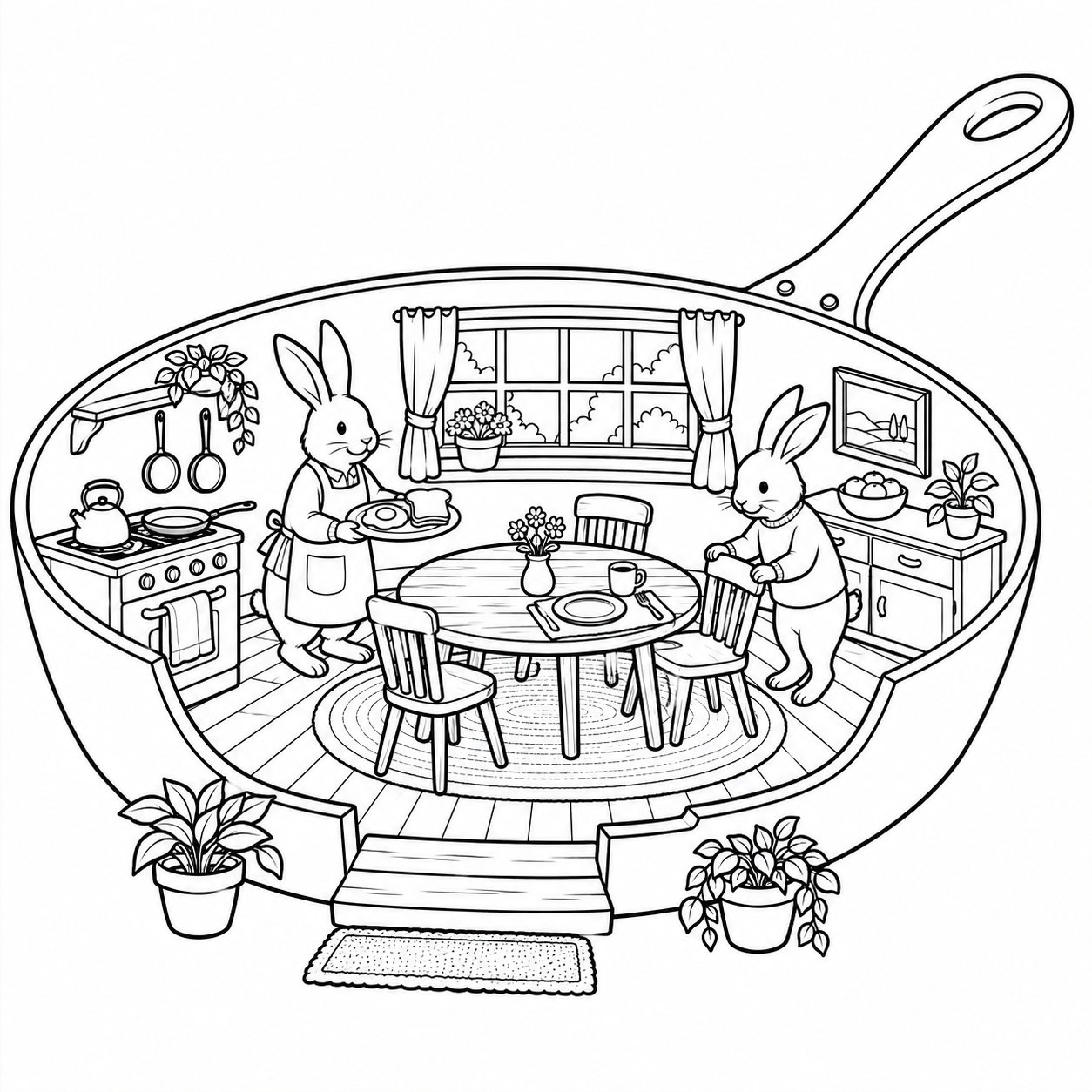 Coloring page — a breakfast table inside a skillet