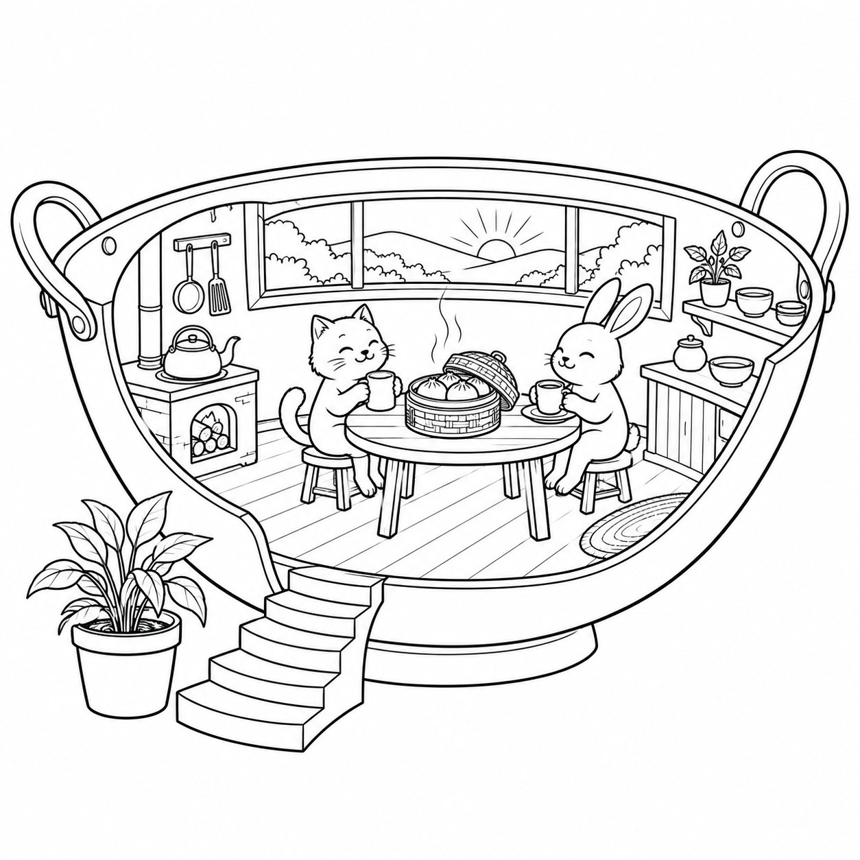 Coloring page — a morning tea nook inside a wok