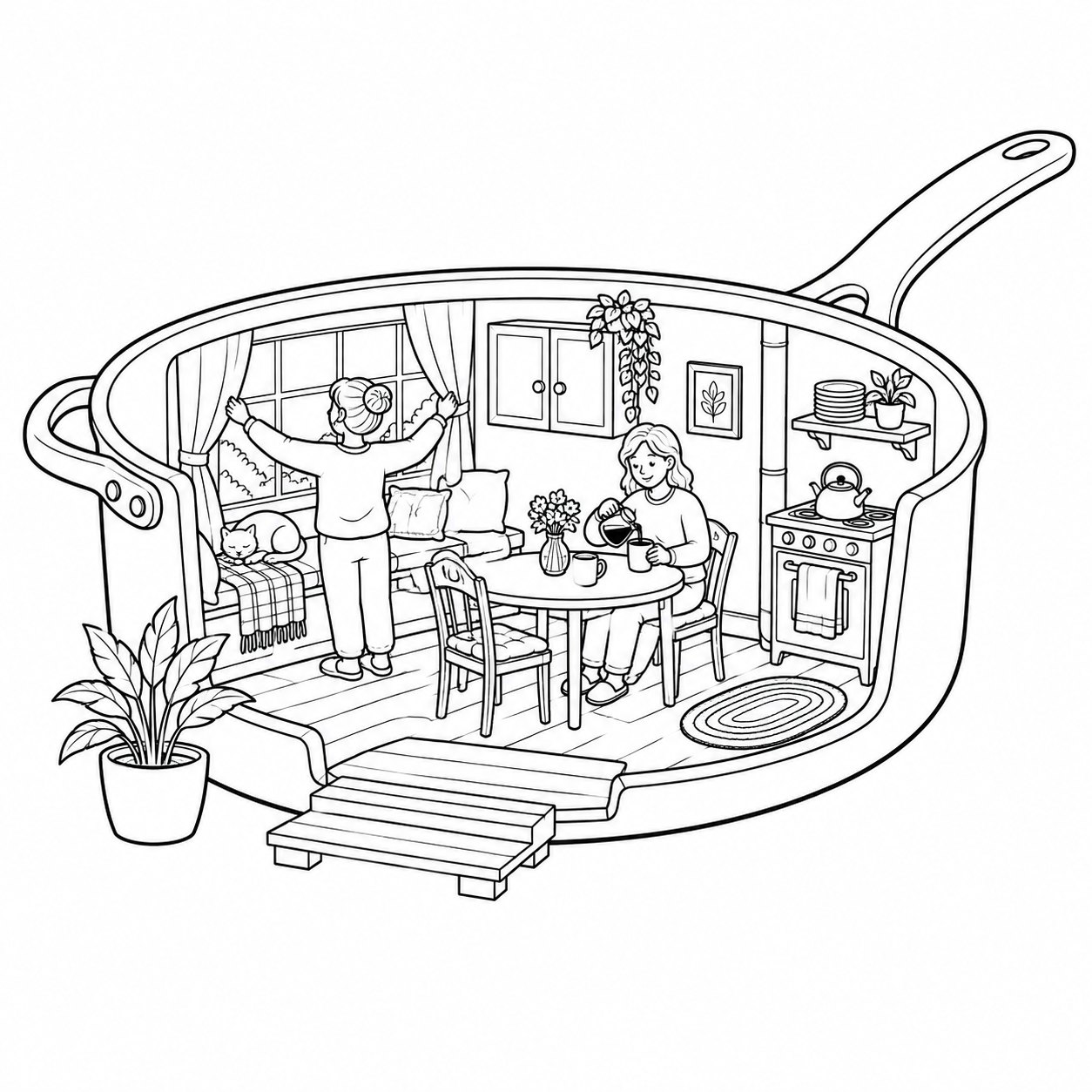 Coloring page — a family breakfast inside a saucepan