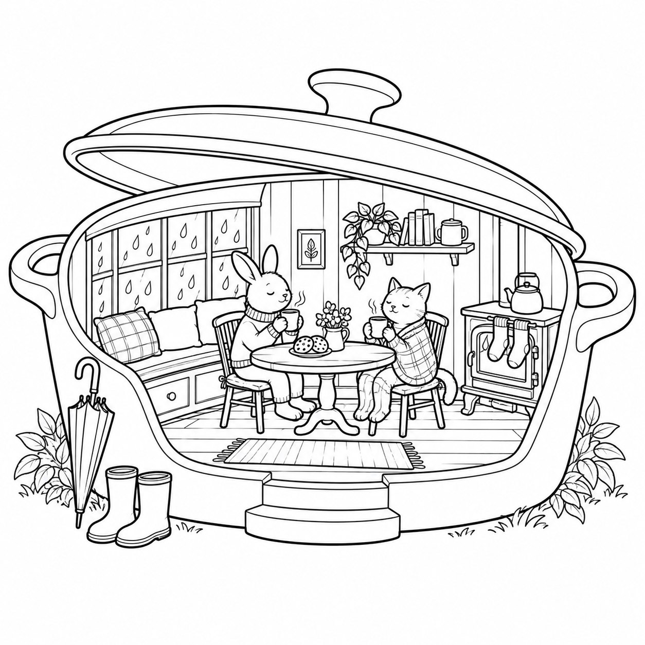 Coloring page — a rainy-morning cottage inside a lidded pan