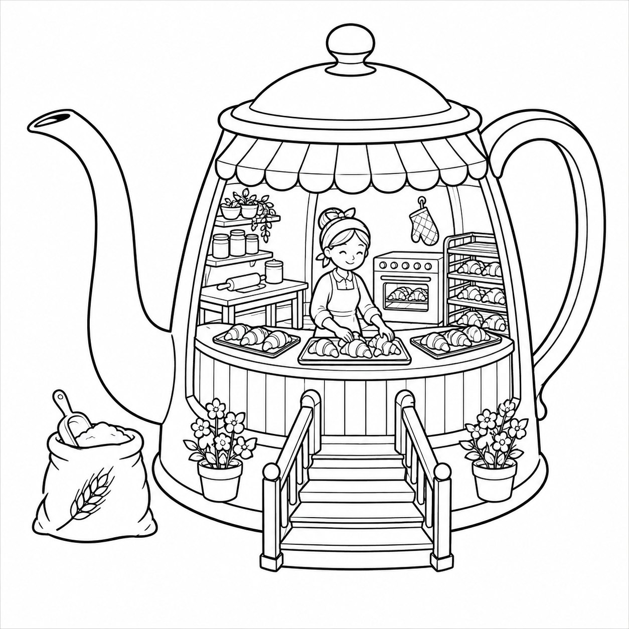 Coloring page — a bakery counter inside a tall coffee pot