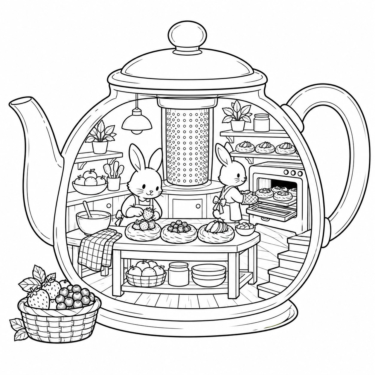 Coloring page — a croissant kitchen inside a round teapot