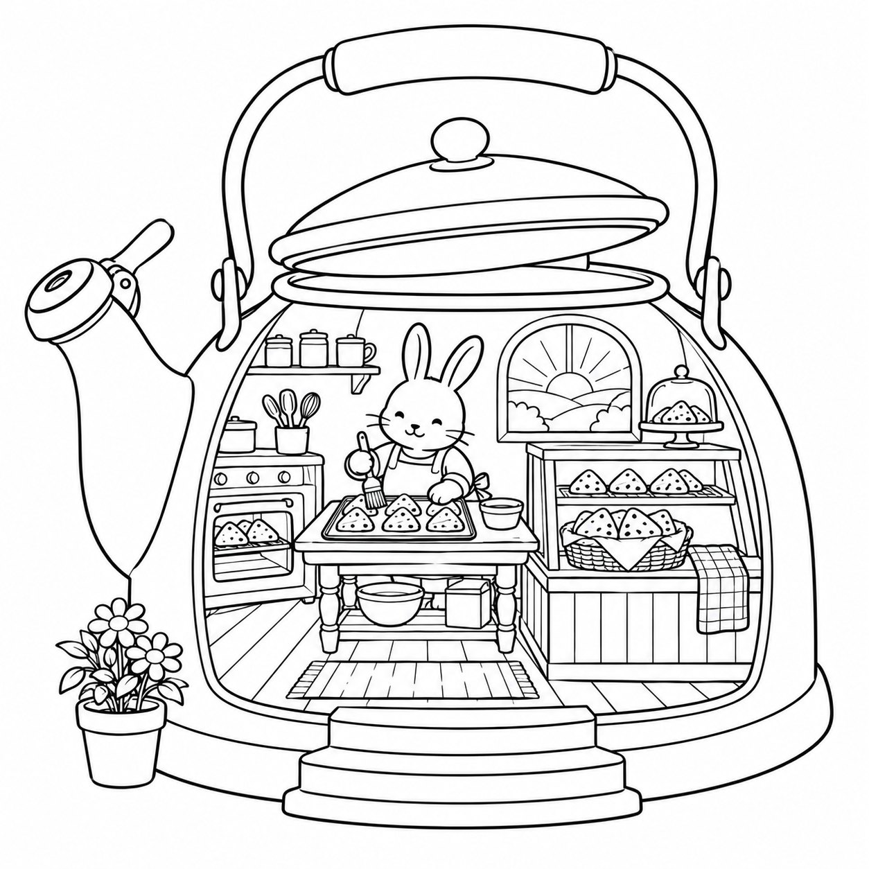 Coloring page — a bread room inside a stovetop kettle
